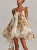 ALBI | Vestido corto de silueta A en organza con estampado floral beige y ribete de encaje