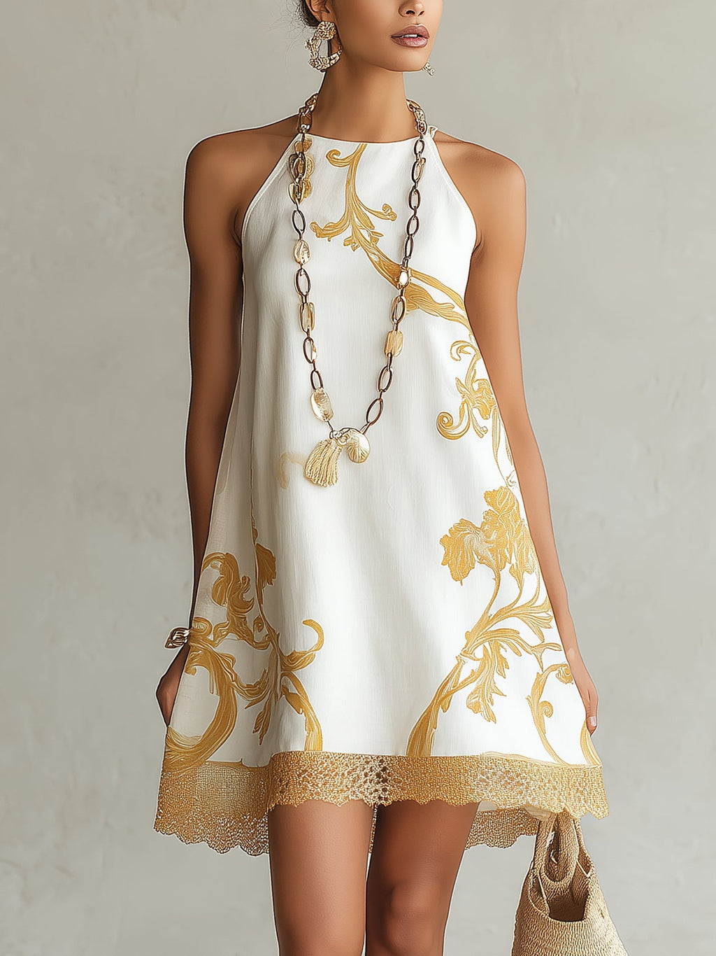 ALBI | Vestido corto de encaje estampado blanco y dorado
