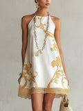 ALBI | Vestido corto de encaje estampado blanco y dorado