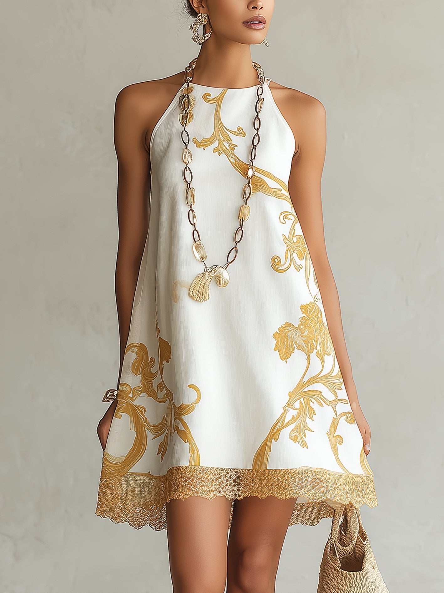 ALBI | Vestido corto de encaje estampado blanco y dorado