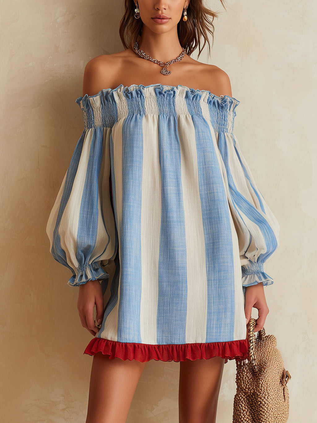 ALBI | Minivestido de rayas azules y blancas con escote de hombros descubiertos y dobladillo en contraste