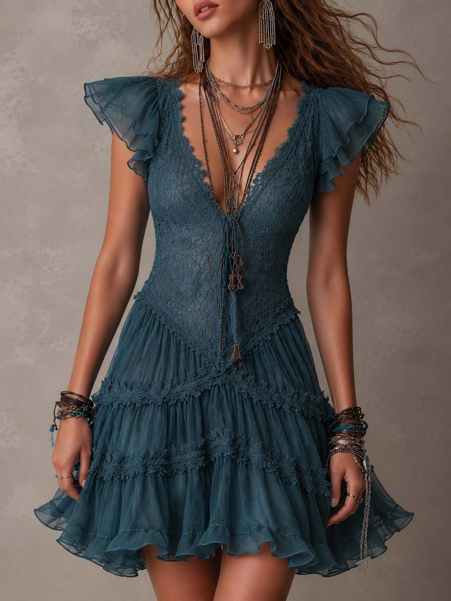 ALBI | Mini vestido con volantes en encaje y chifón azul retro