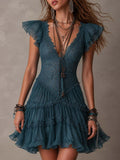 ALBI | Mini vestido con volantes en encaje y chifón azul retro