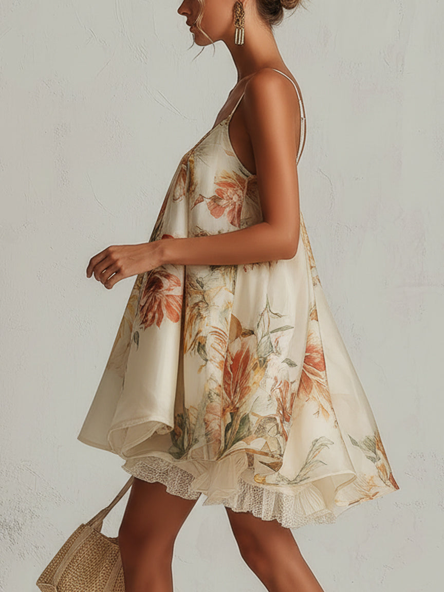 ALBI | Vestido corto de silueta A en organza con estampado floral beige y ribete de encaje