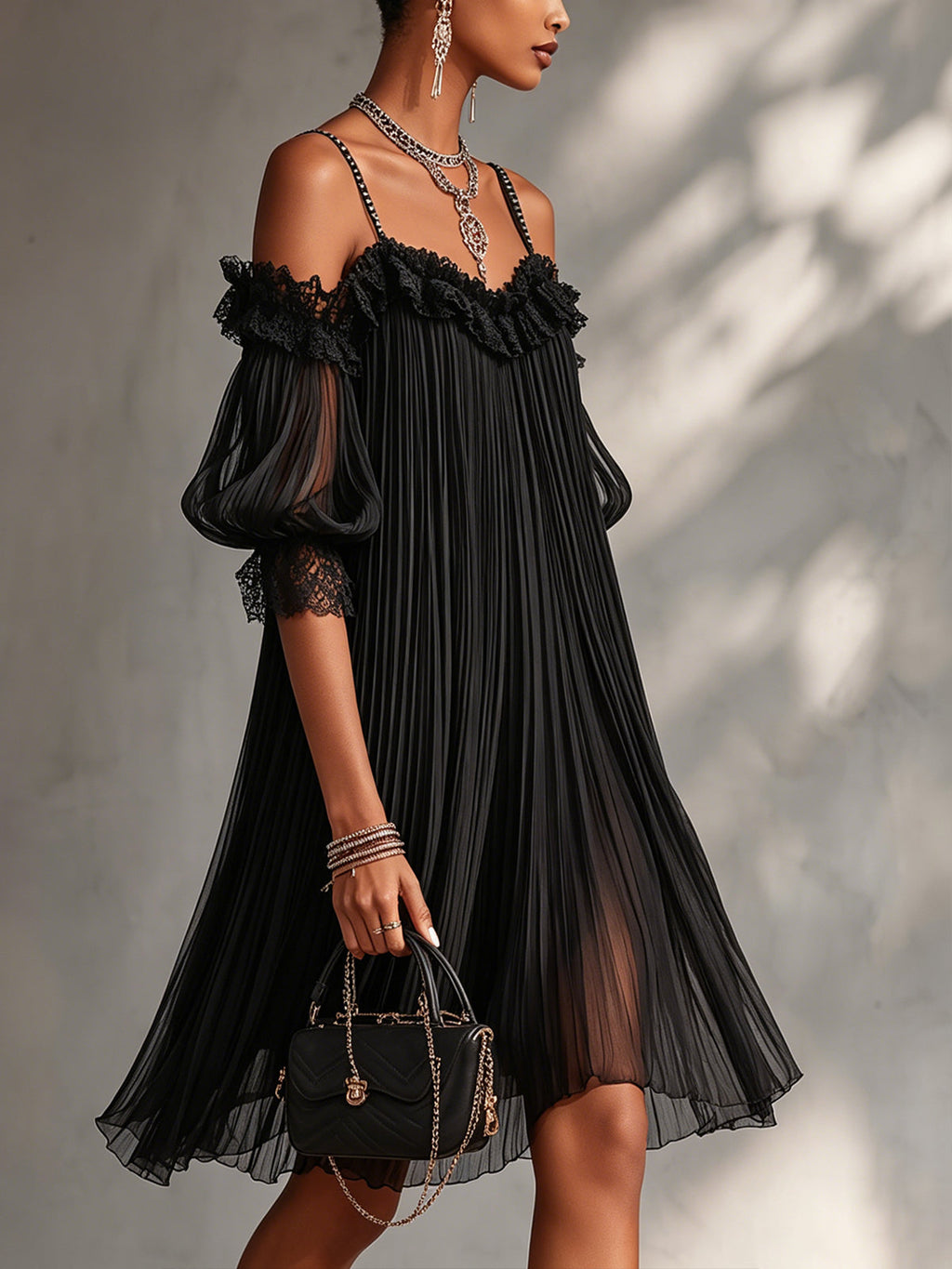 ALBI | Vestido mini de chifón negro con hombros descubiertos y borde de encaje