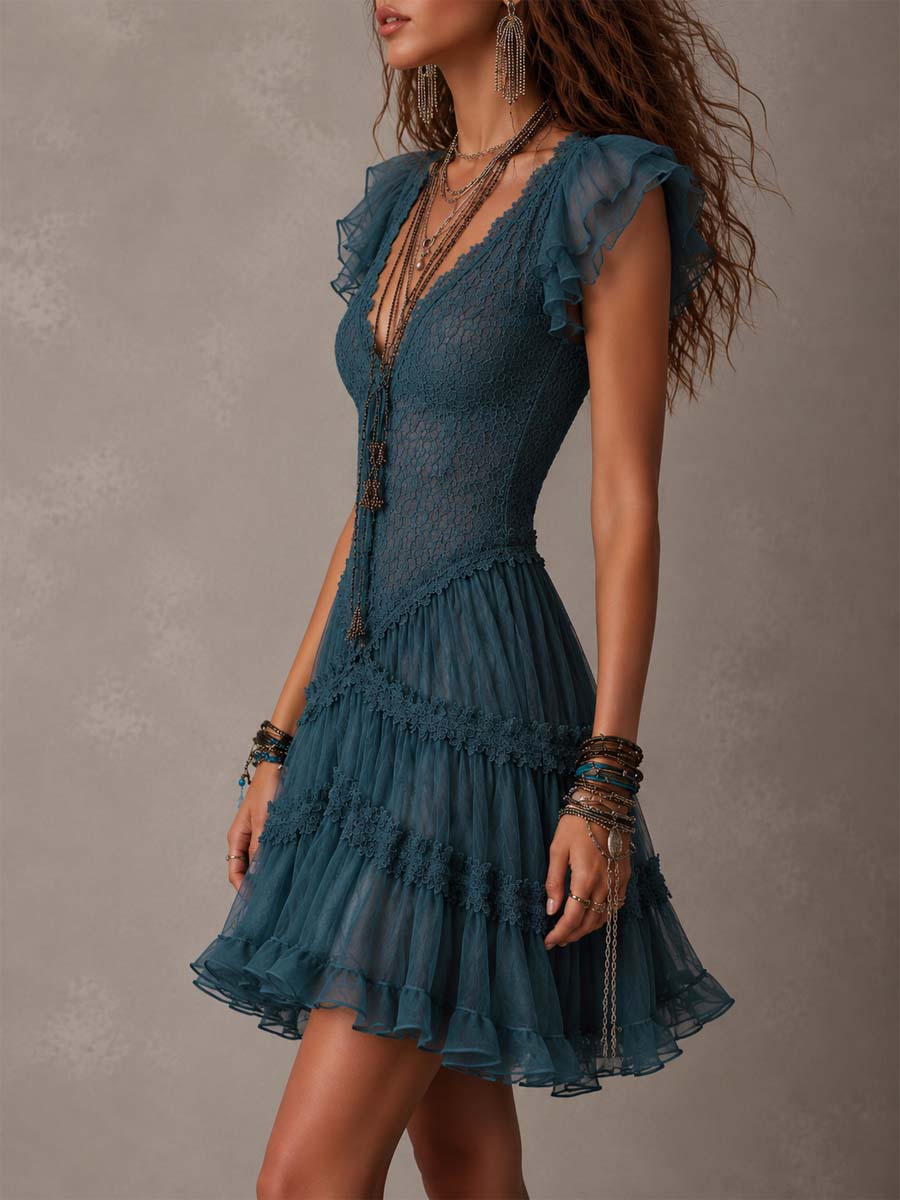 ALBI | Mini vestido con volantes en encaje y chifón azul retro