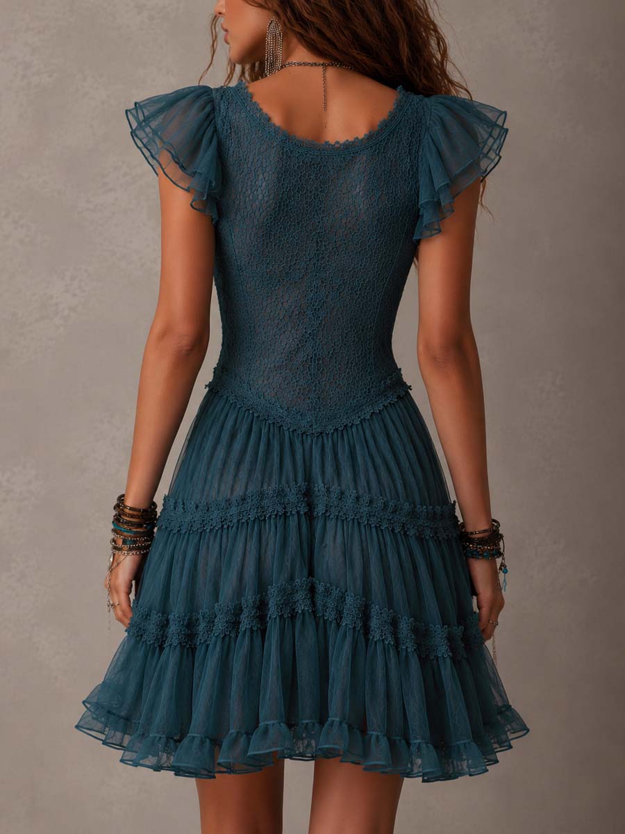 ALBI | Mini vestido con volantes en encaje y chifón azul retro