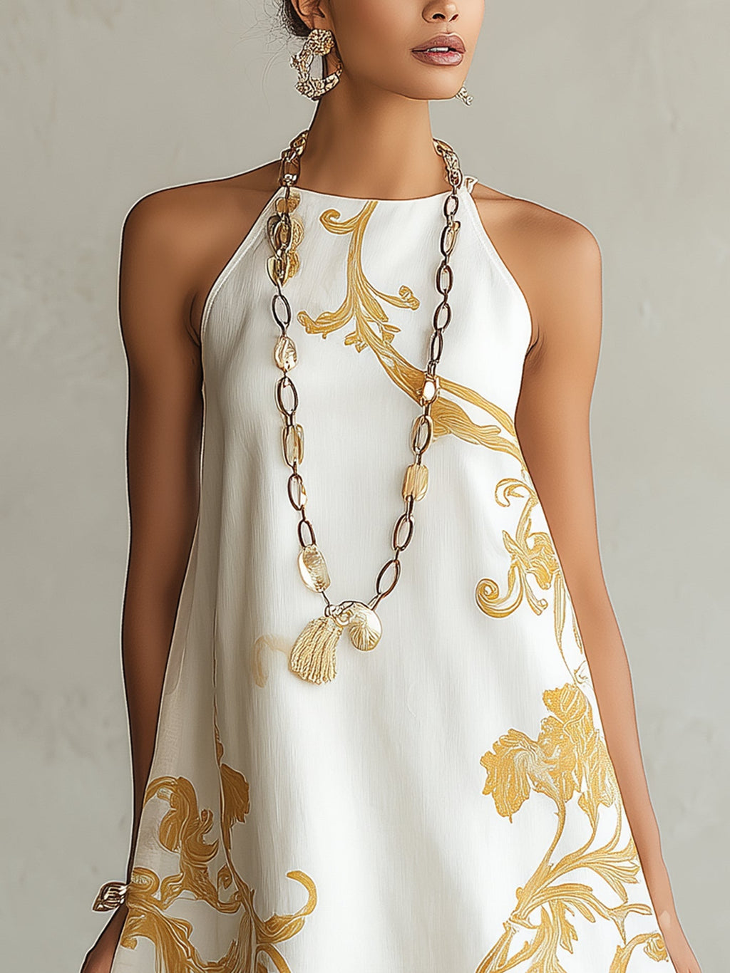 ALBI | Vestido corto de encaje estampado blanco y dorado