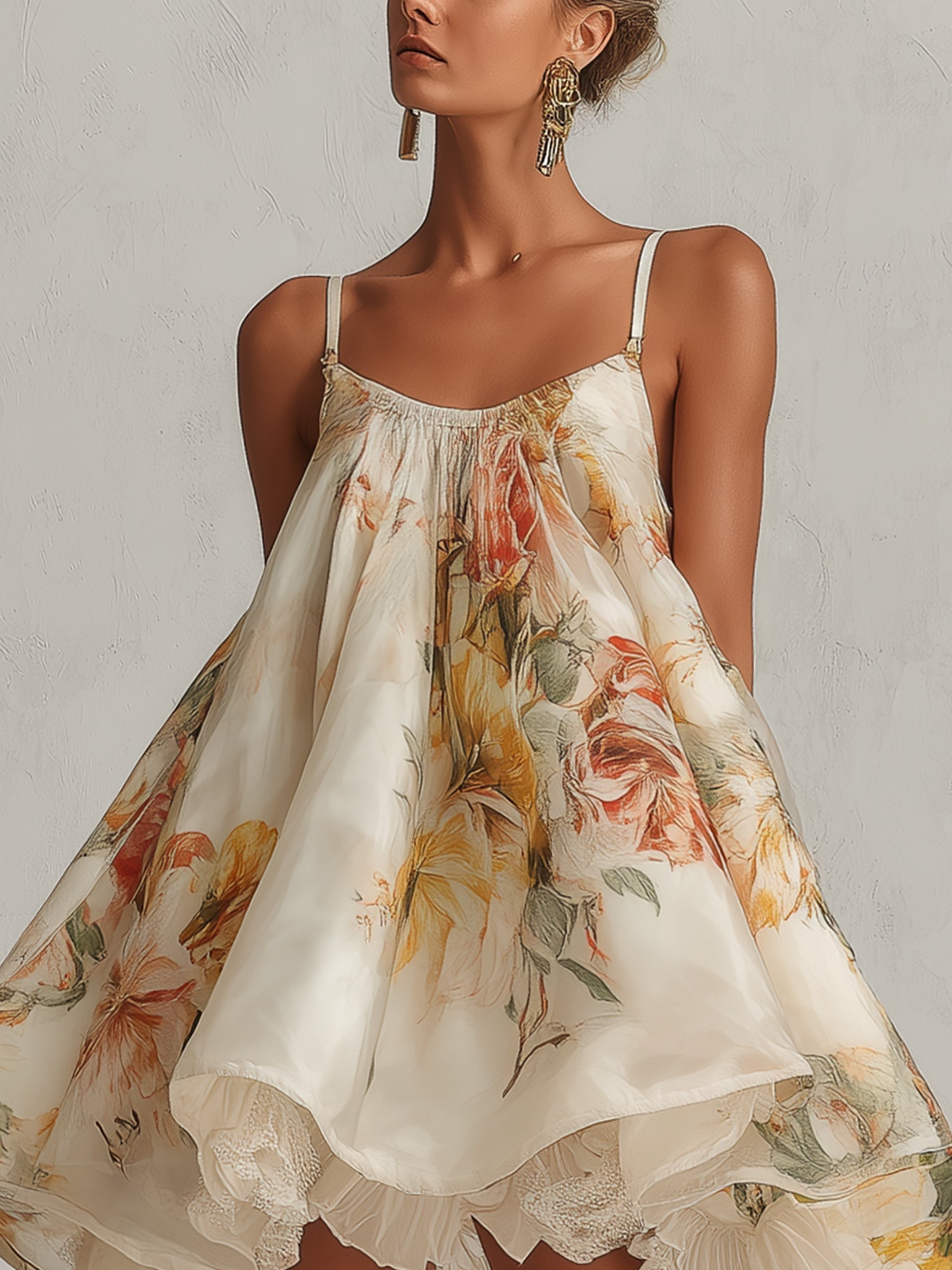 ALBI | Vestido corto de silueta A en organza con estampado floral beige y ribete de encaje
