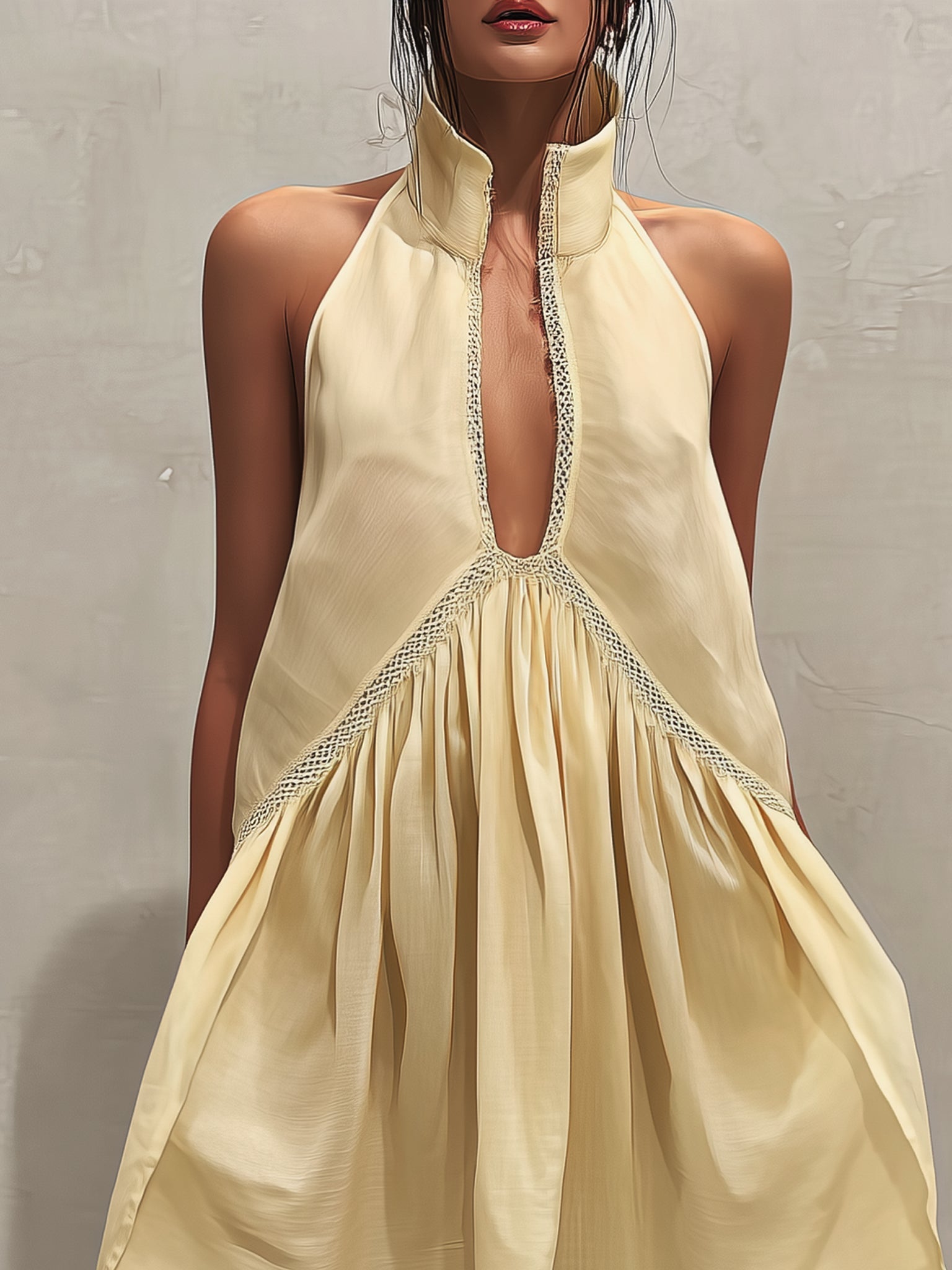 ALBI | Vestido corto sin mangas amarillo con escote en V profundo y detalles de encaje