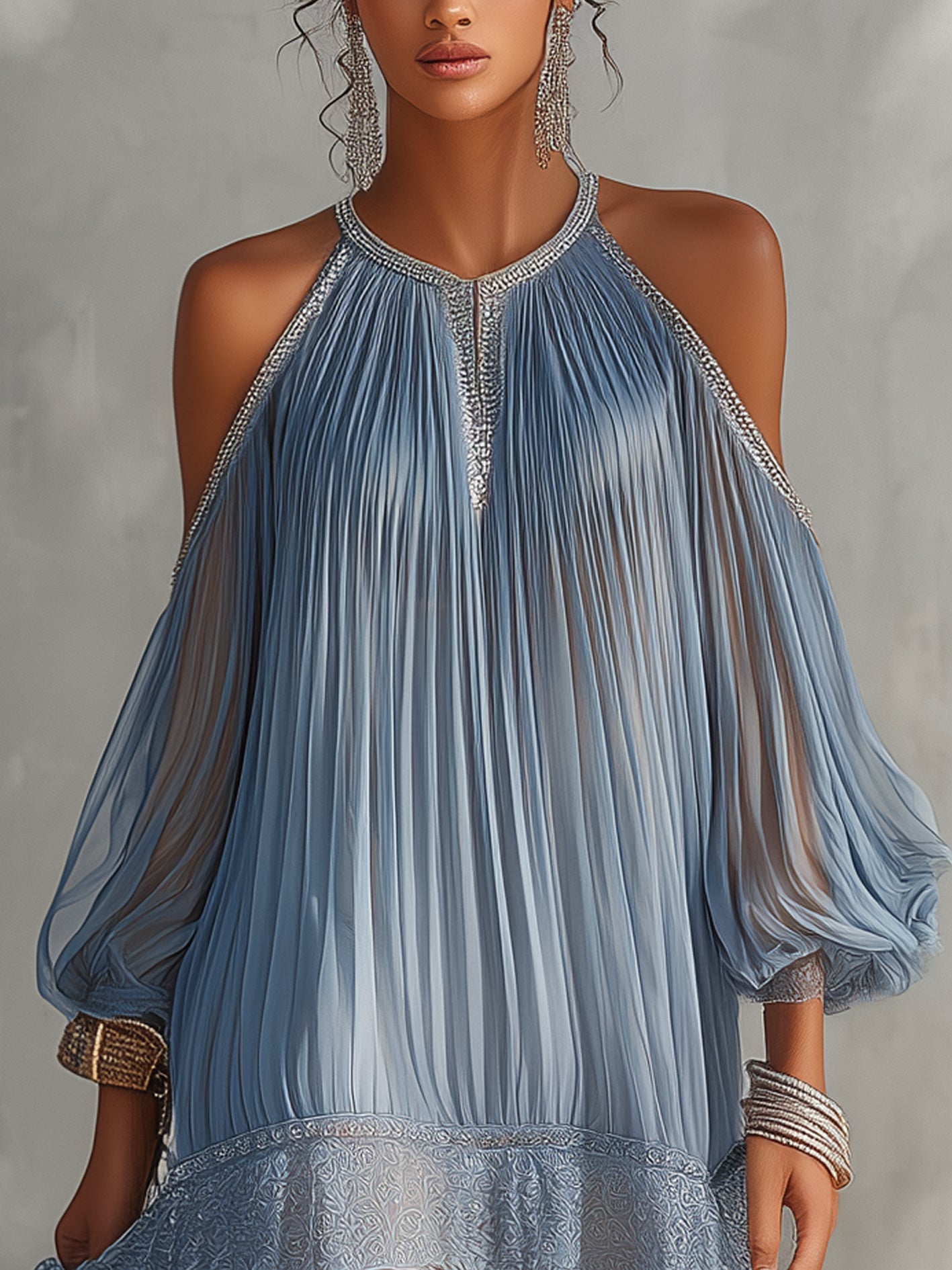 ALBI | Vestido corto azul con hombros descubiertos y fruncido, con dobladillo de encaje