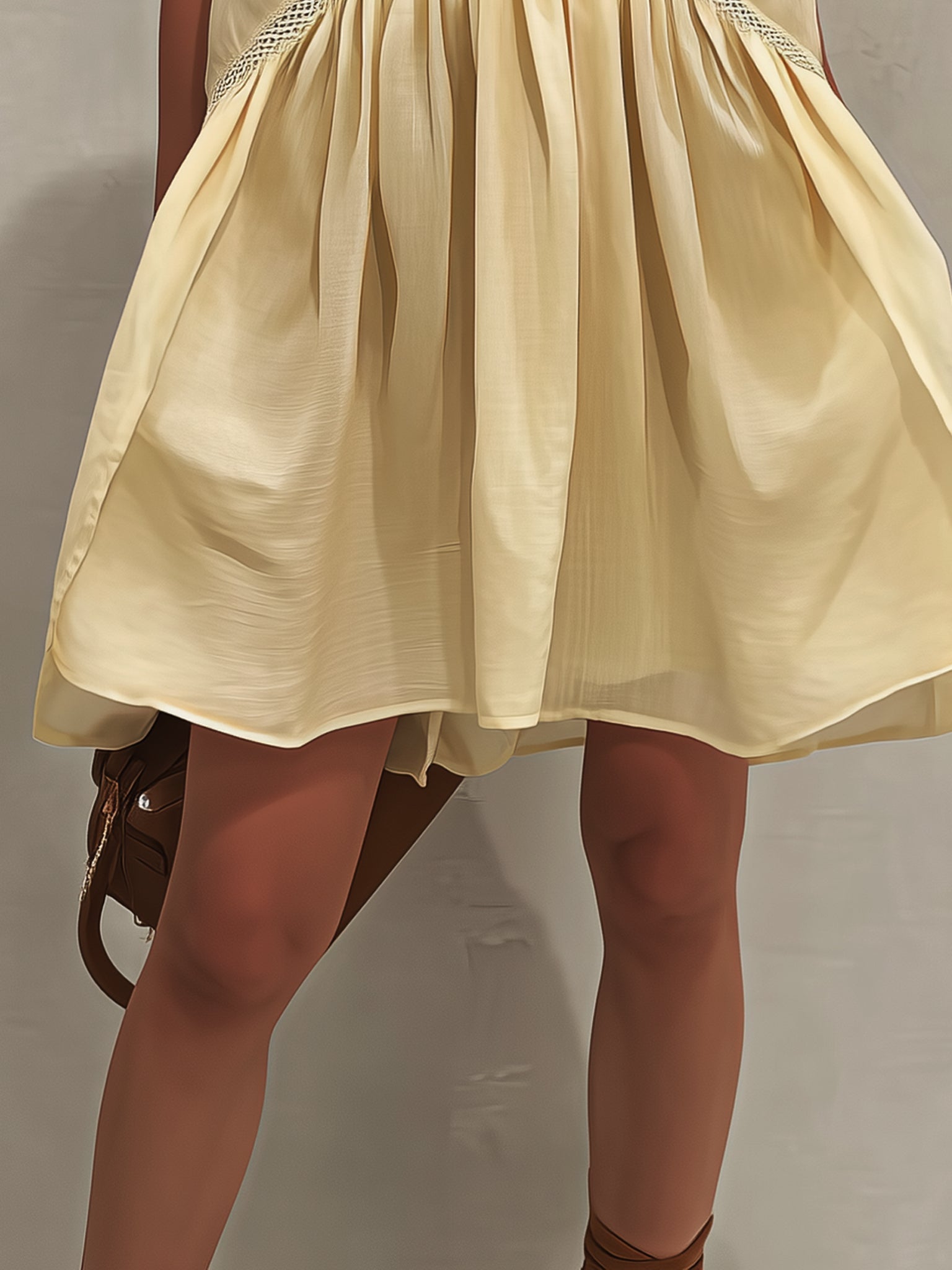 ALBI | Vestido corto sin mangas amarillo con escote en V profundo y detalles de encaje