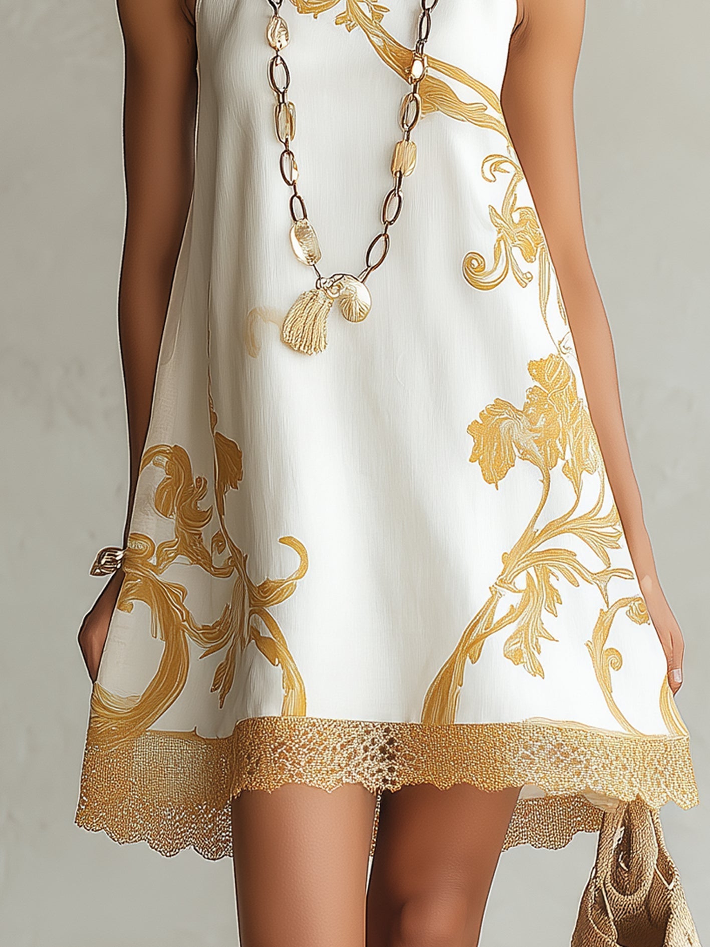 ALBI | Vestido corto de encaje estampado blanco y dorado