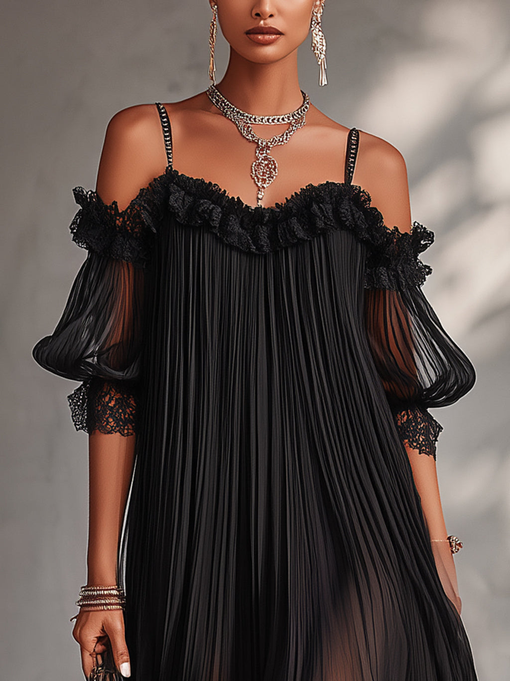 ALBI | Vestido mini de chifón negro con hombros descubiertos y borde de encaje