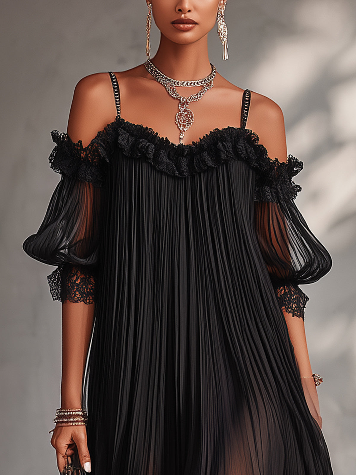 ALBI | Vestido mini de chifón negro con hombros descubiertos y borde de encaje