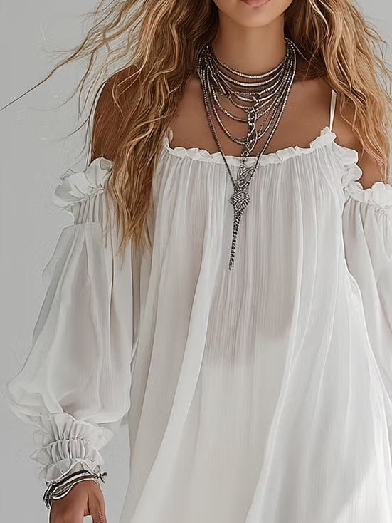 ALBI | Vestido Mini Flotante con Estilo Bohemio y Hombros Descubiertos