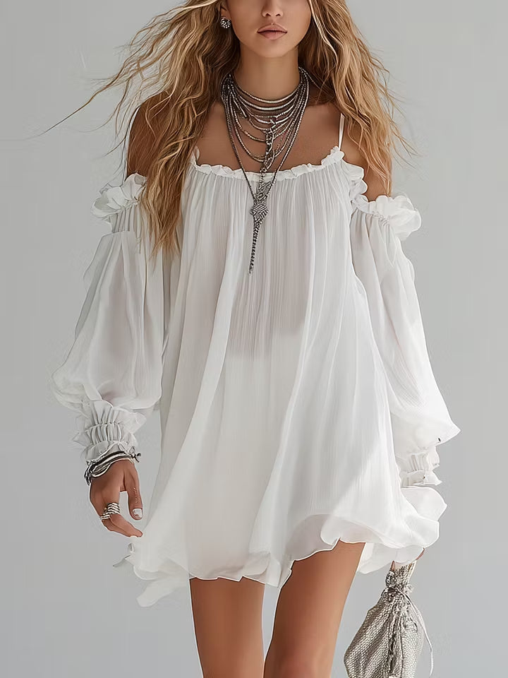 ALBI | Vestido Mini Flotante con Estilo Bohemio y Hombros Descubiertos