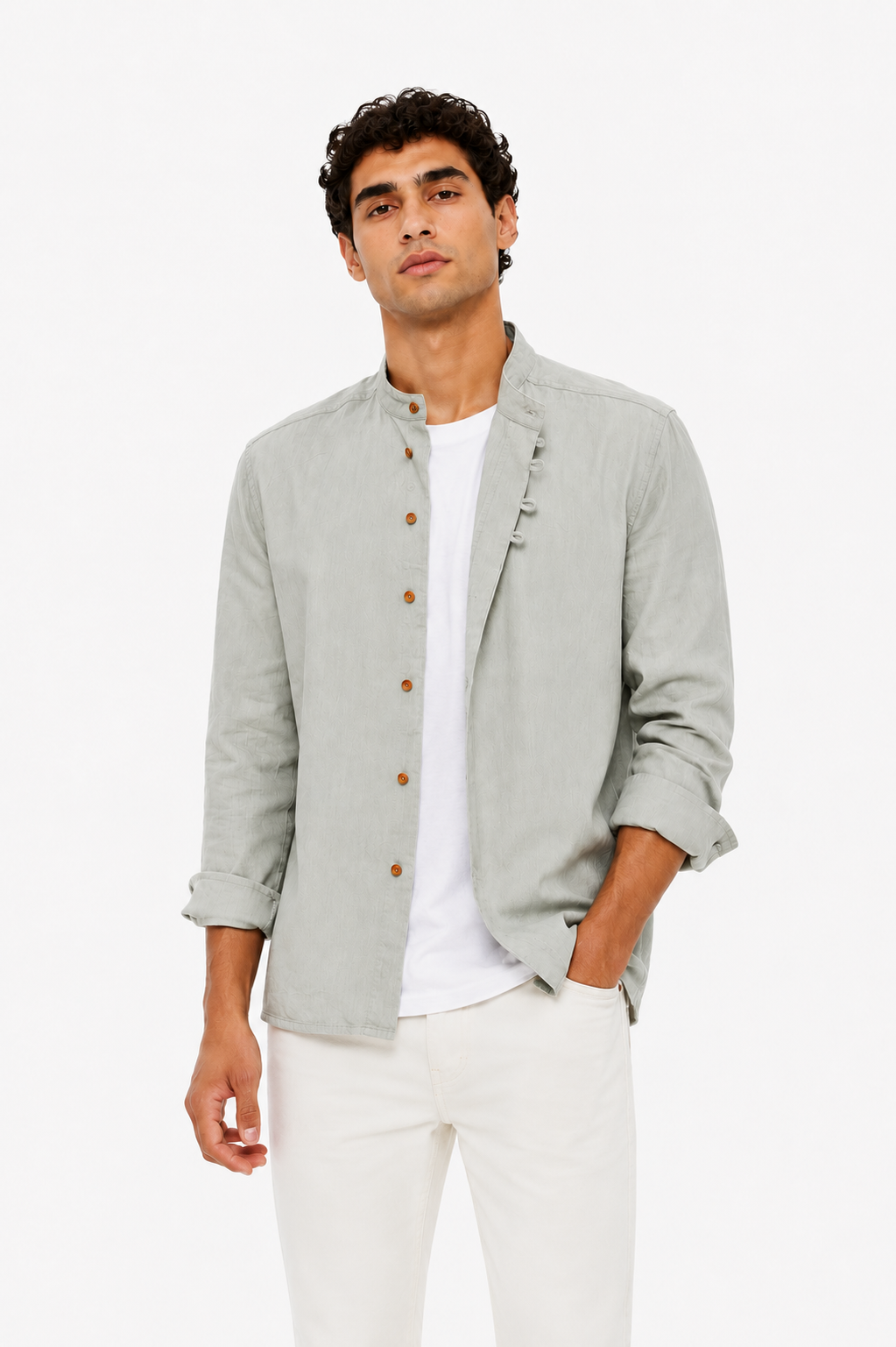 Camisa de lino con cuello redondo ALBI - Camisas - foto principal