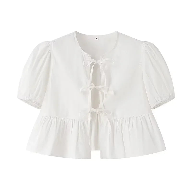 Elegante blusa con lazo en la parte delantera ALBI - Blusas - detalle de tejido