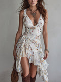 ALBI | Vestido mini con escote en V y tirantes finos, estampado floral retro