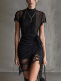 ALBI | Vestido mini de chiffon negro con cintura plisada y borde de encaje