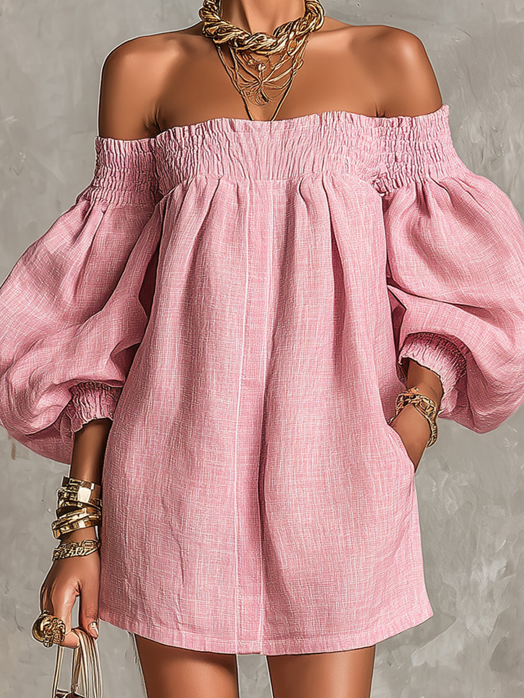 ALBI | Vestido mini de corte A rosa con mangas farol y hombros descubiertos