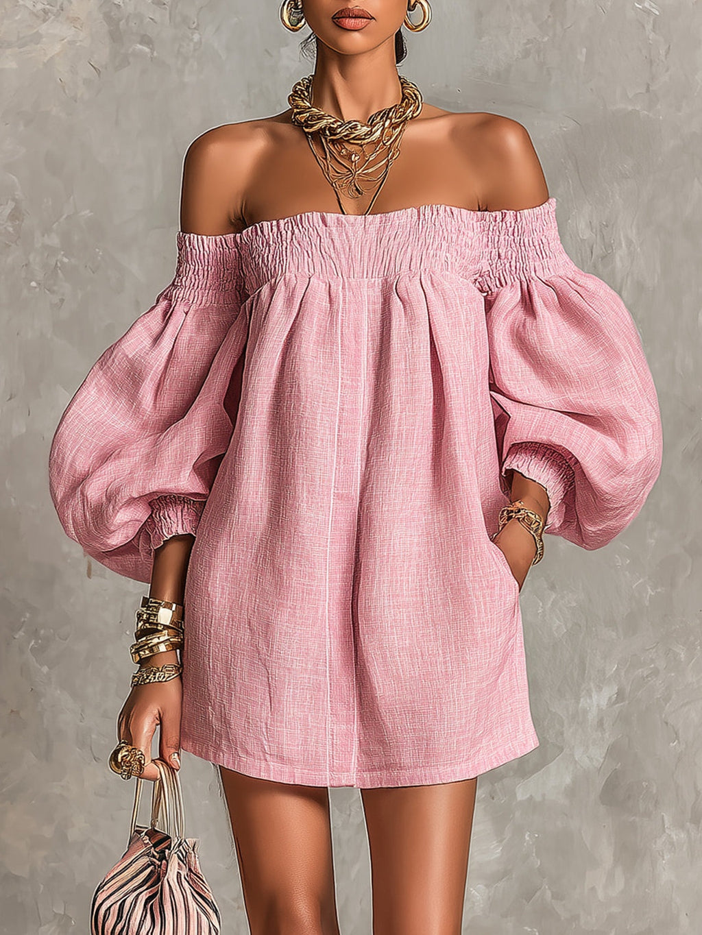 ALBI | Vestido mini de corte A rosa con mangas farol y hombros descubiertos
