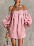 ALBI | Vestido mini de corte A rosa con mangas farol y hombros descubiertos