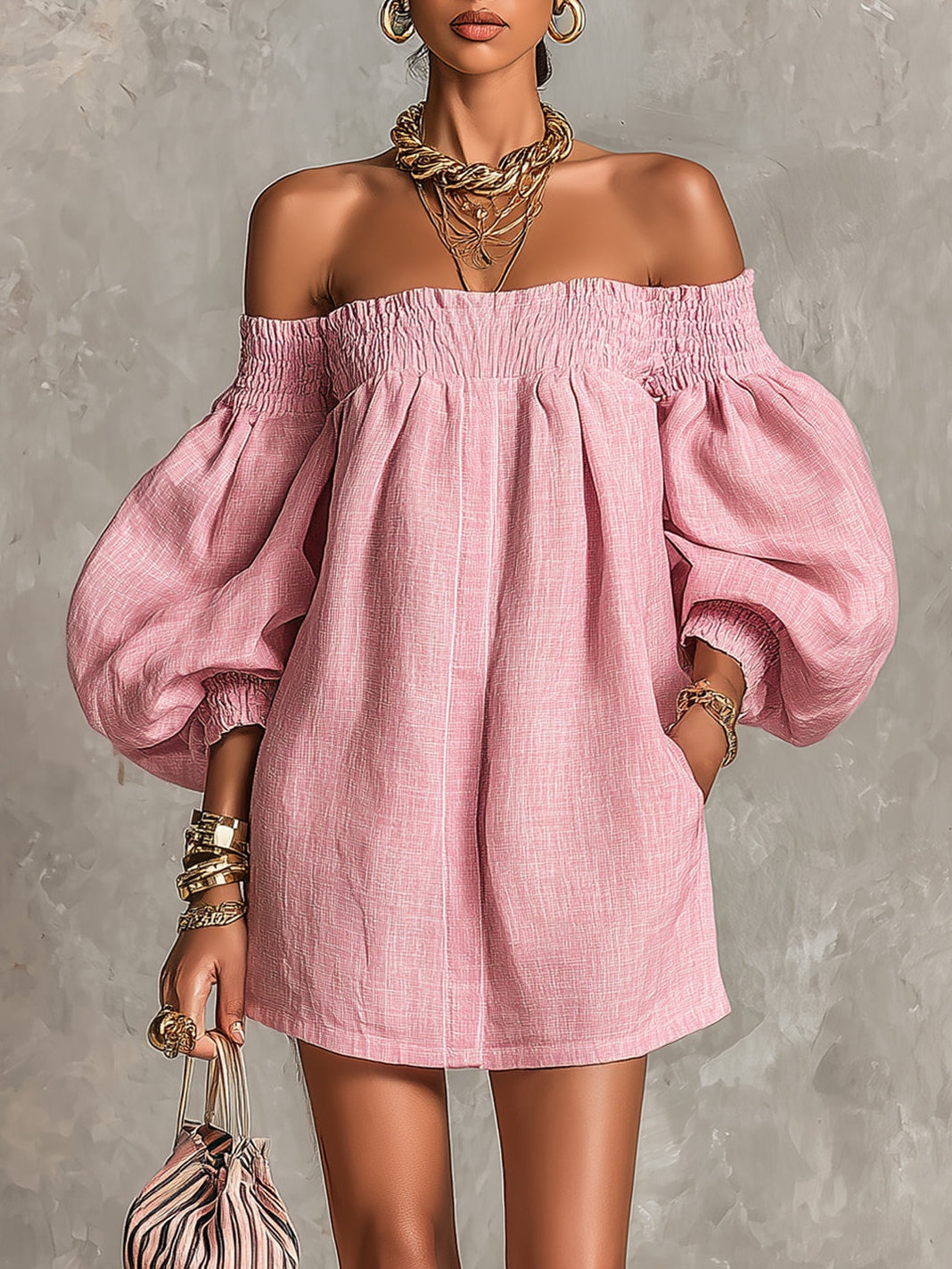 ALBI | Vestido mini de corte A rosa con mangas farol y hombros descubiertos