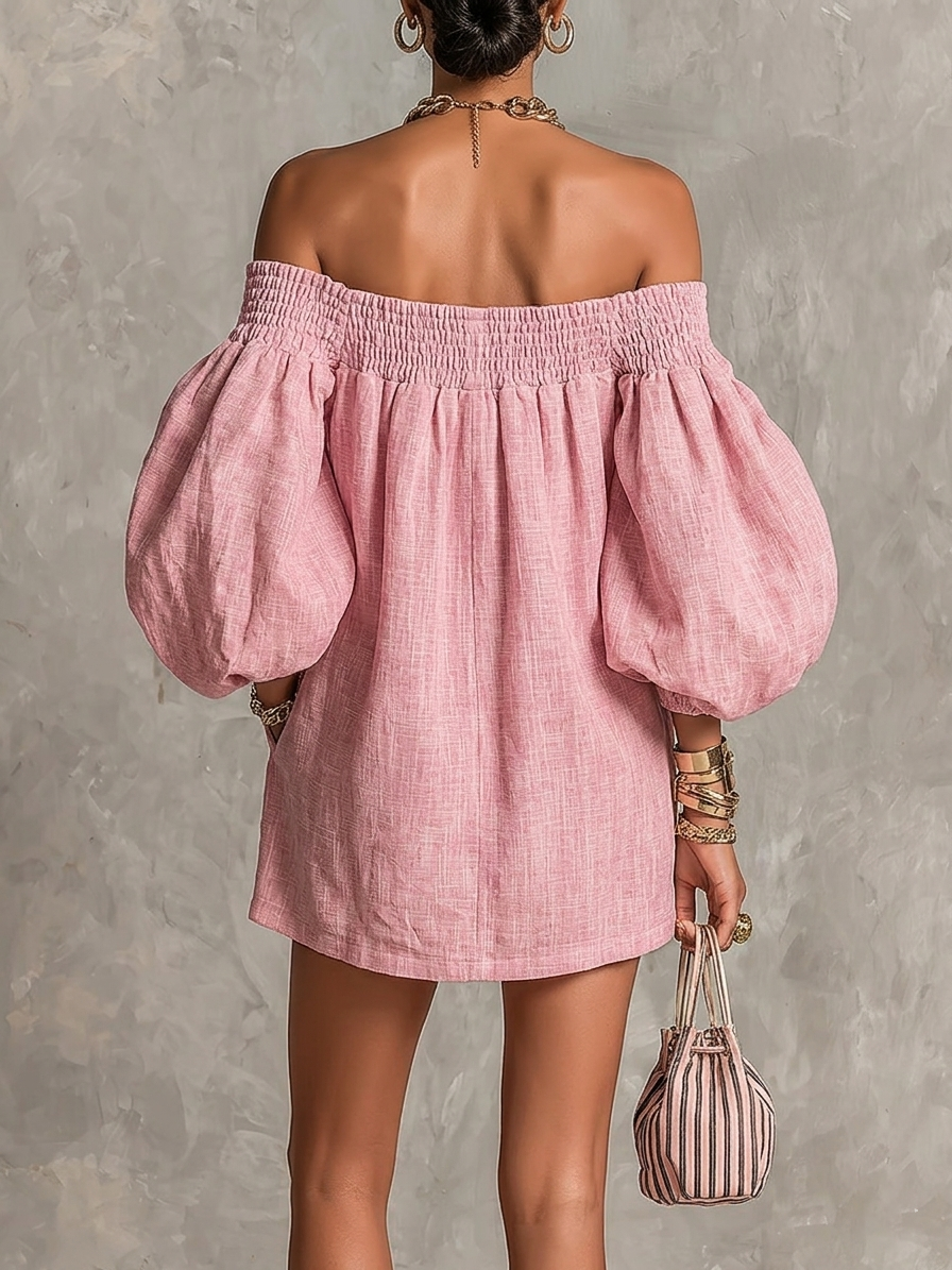 ALBI | Vestido mini de corte A rosa con mangas farol y hombros descubiertos