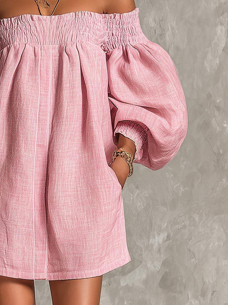 ALBI | Vestido mini de corte A rosa con mangas farol y hombros descubiertos