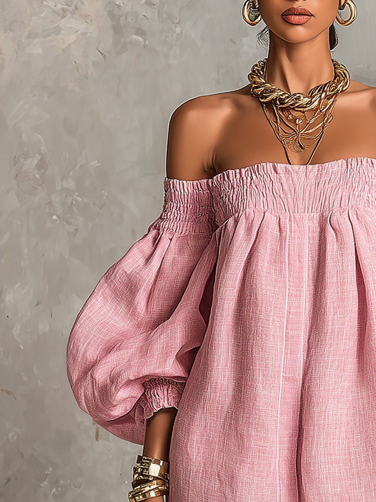 ALBI | Vestido mini de corte A rosa con mangas farol y hombros descubiertos