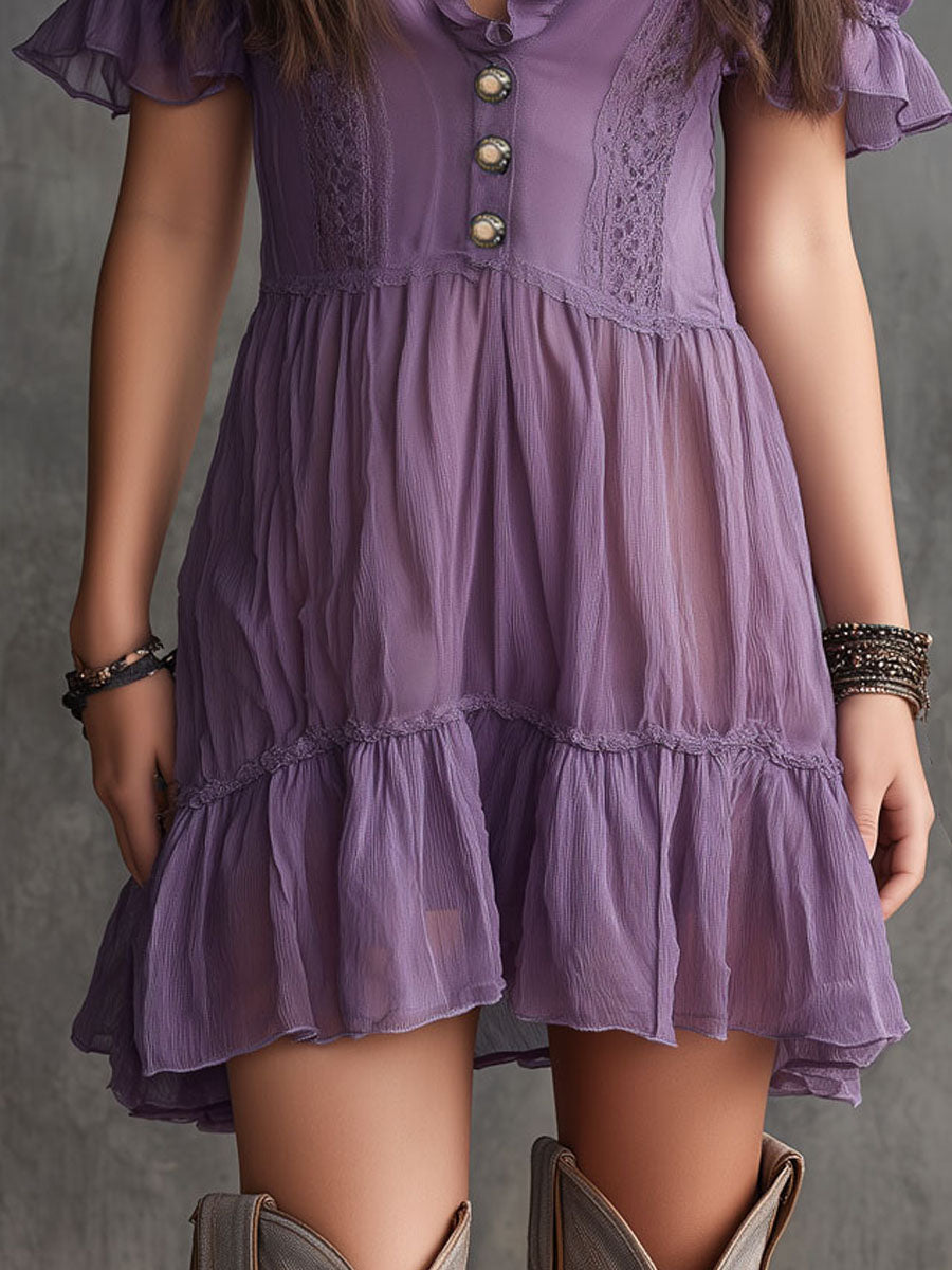 ALBI | Vestido mini de chiffon con mangas abullonadas y rayas fruncidas