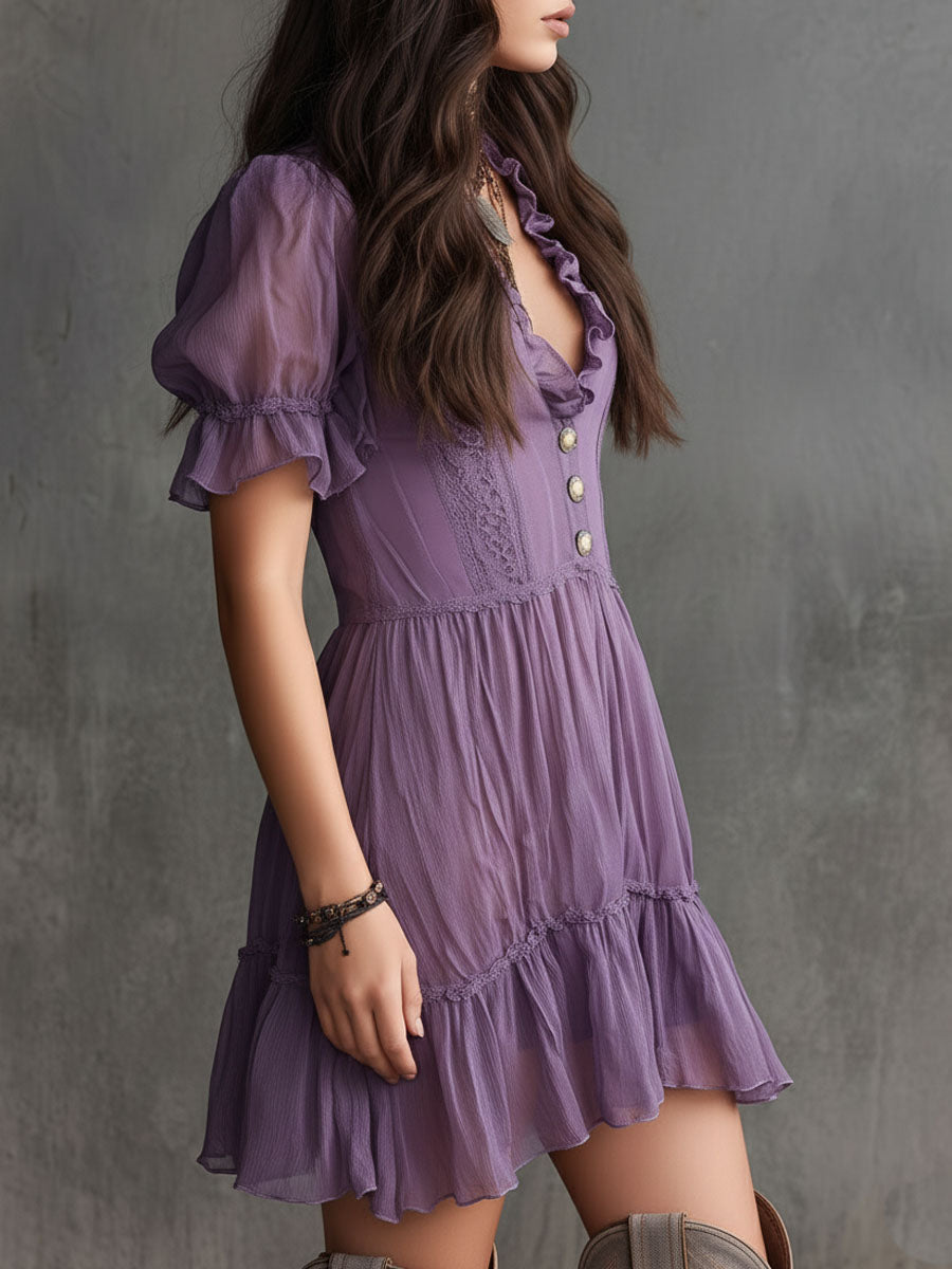 ALBI | Vestido mini de chiffon con mangas abullonadas y rayas fruncidas