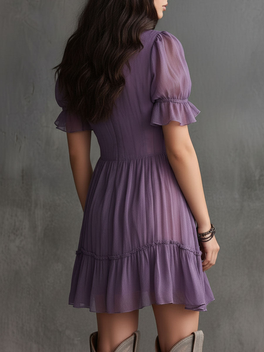 ALBI | Vestido mini de chiffon con mangas abullonadas y rayas fruncidas