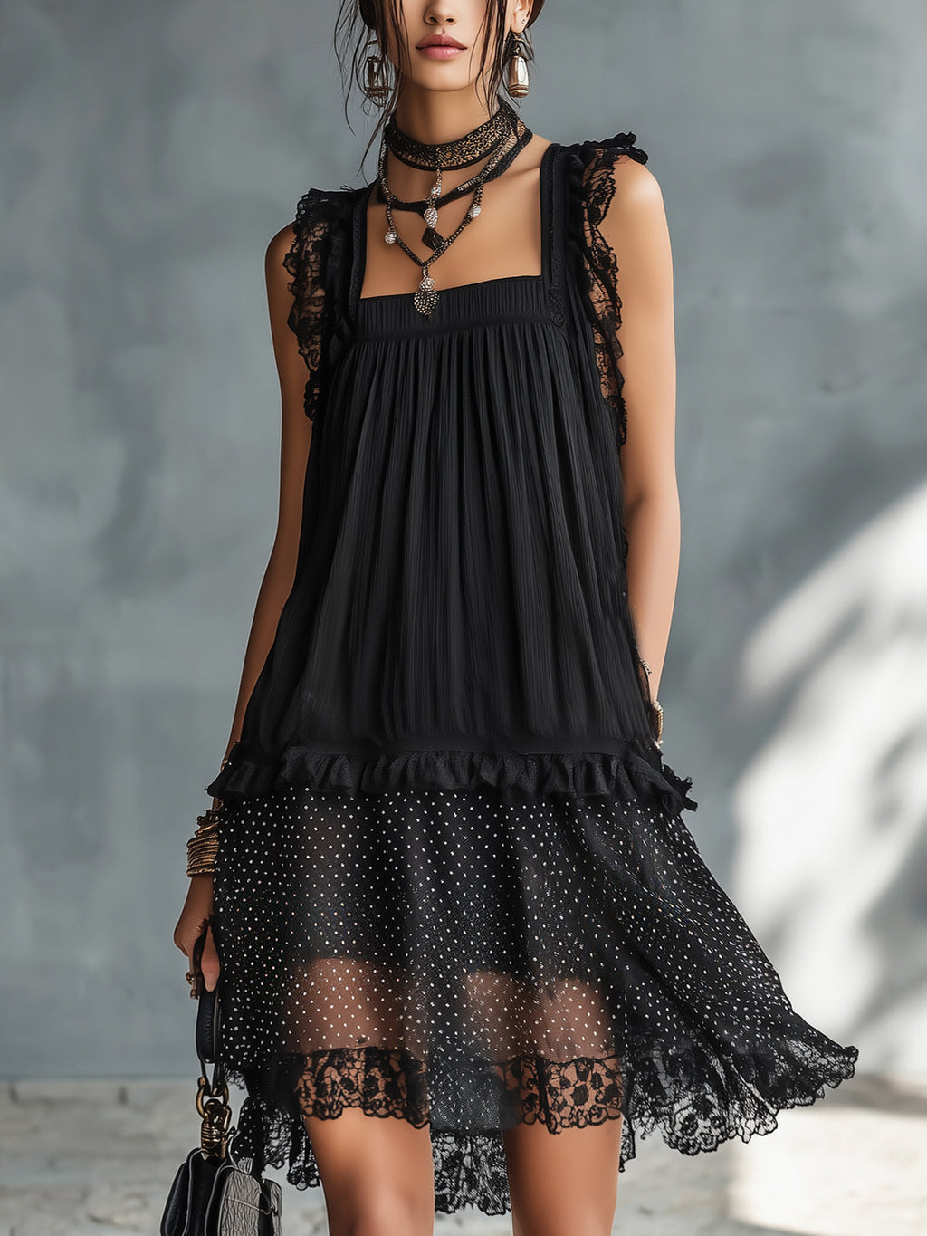 ALBI | Vestido Mini Transparente de Lunares con Volantes y Borde de Encaje Negro