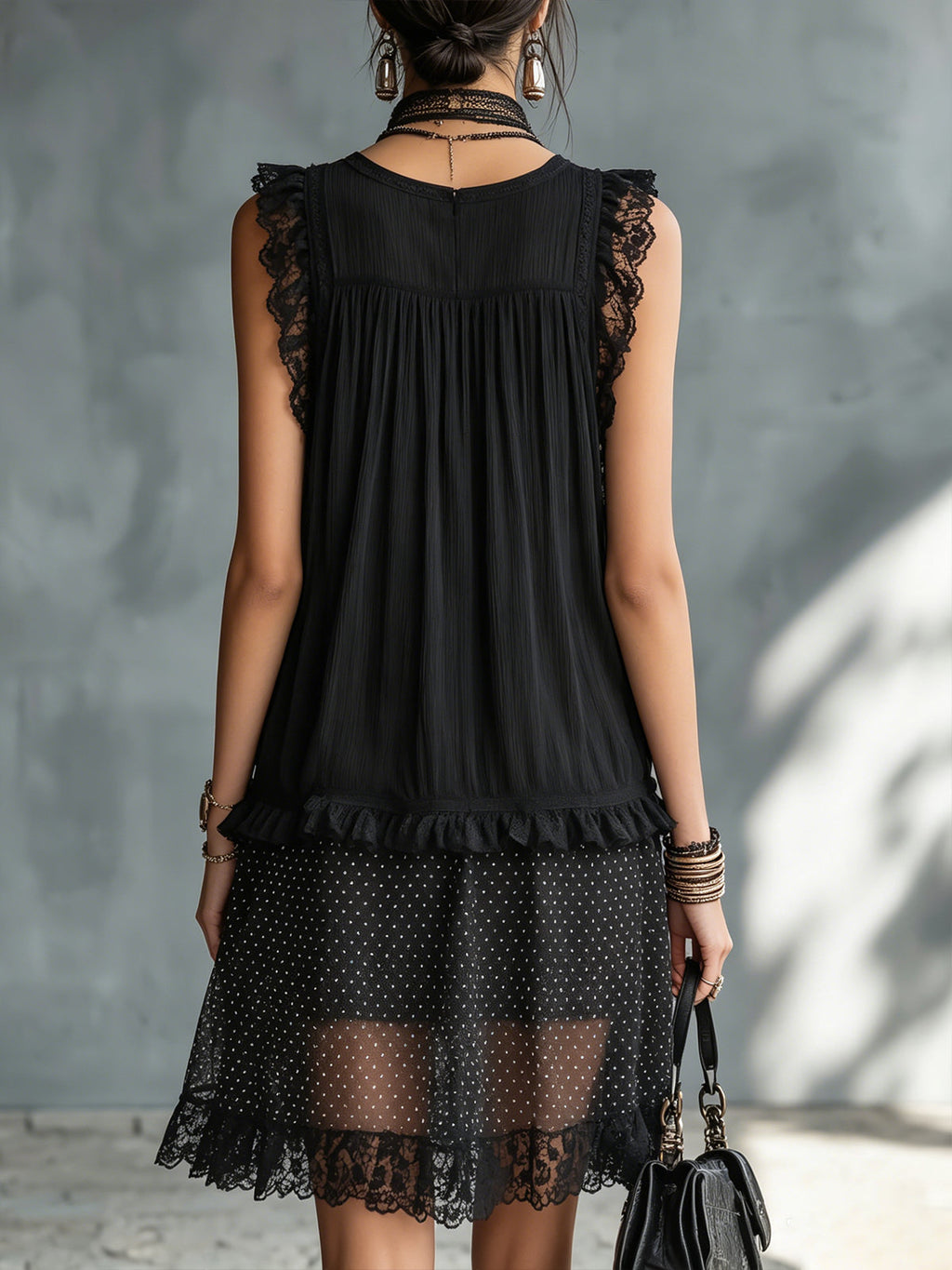 ALBI | Vestido Mini Transparente de Lunares con Volantes y Borde de Encaje Negro