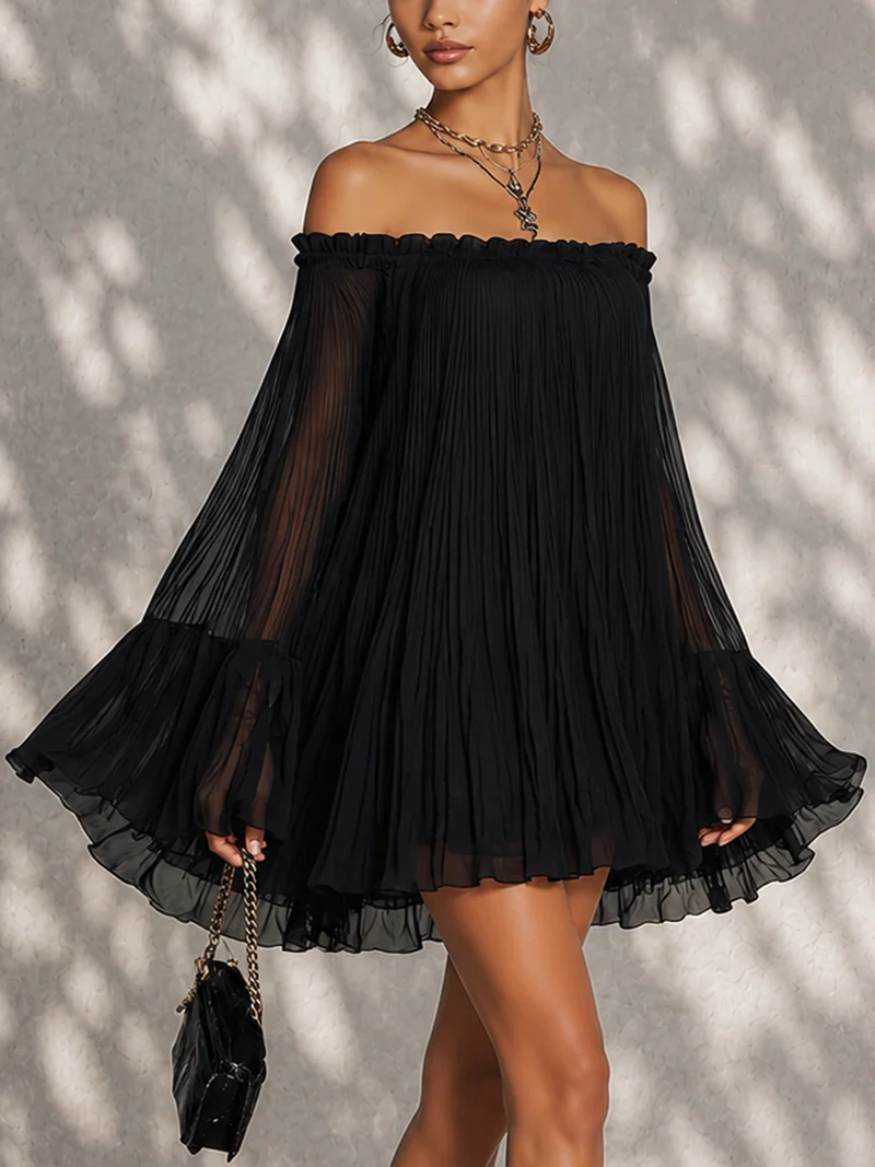 ALBI | Vestido mini negro con mangas campana y volantes, hombros al descubierto
