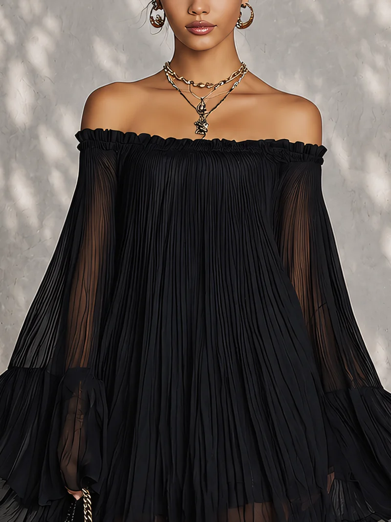 ALBI | Vestido mini negro con mangas campana y volantes, hombros al descubierto