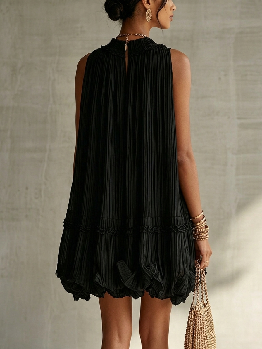 ALBI | Vestido mini burbuja de chifón negro con cuello halter y volantes
