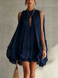 ALBI | Vestido mini globo de chifón con volantes y escote halter en azul marino