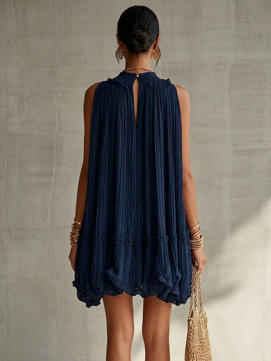 ALBI | Vestido mini globo de chifón con volantes y escote halter en azul marino