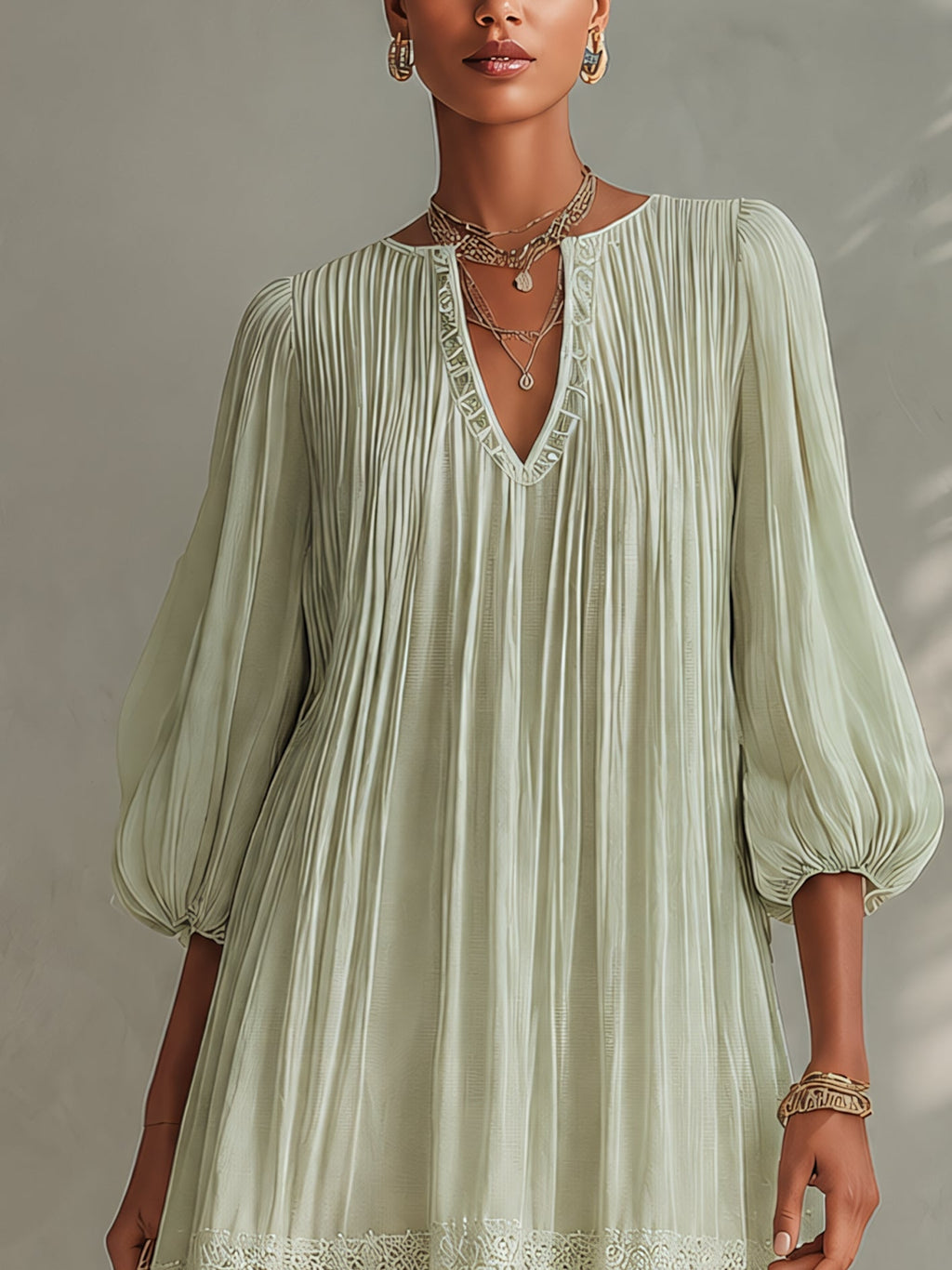 ALBI | Vestido corto de chifón plisado verde claro con mangas farol de encaje