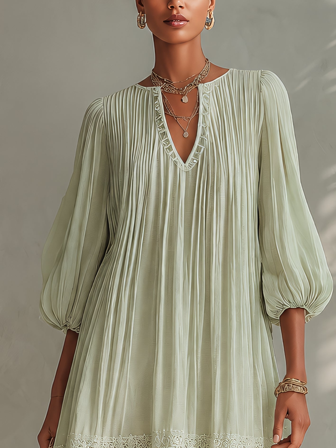 ALBI | Vestido corto de chifón plisado verde claro con mangas farol de encaje