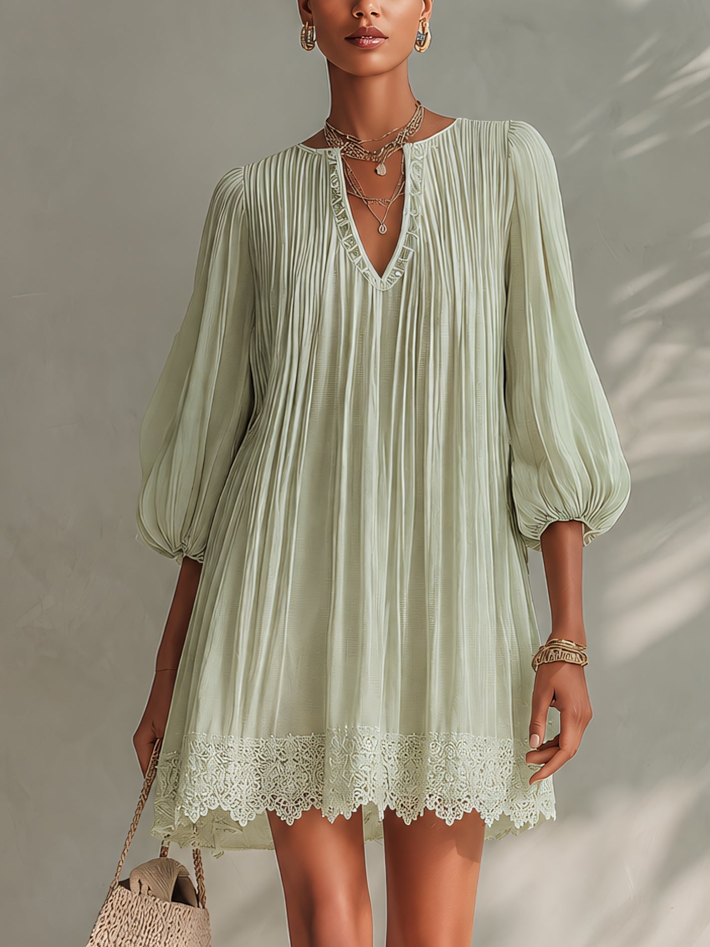 ALBI | Vestido corto de chifón plisado verde claro con mangas farol de encaje