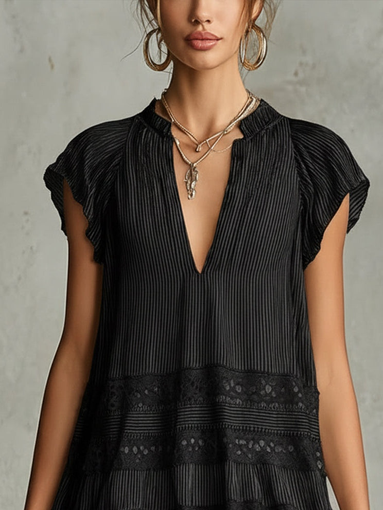ALBI | Vestido mini de chifón a rayas con encaje y volantes
