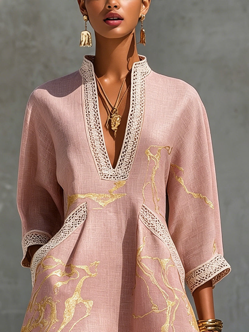 ALBI | Vestido corto de encaje de crochet con escote en V en oro rosa