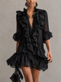 ALBI | Vestido mini de chiffón negro con volantes