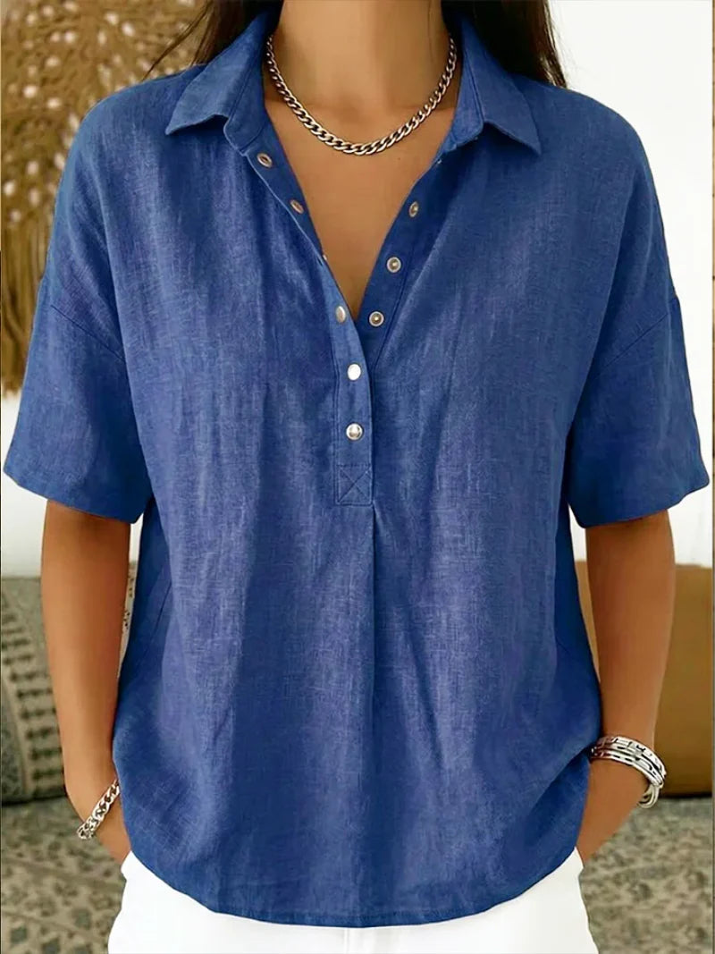 Blusa con cuello de botones ALBI - Blusas - puesto en modelo