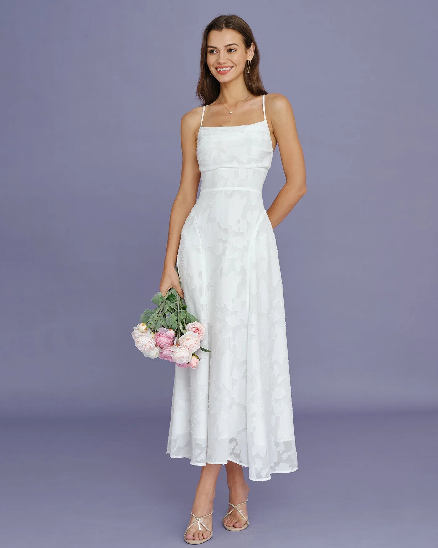 ALBI | Vestido largo lencero de jacquard blanco con cruz en forma de X